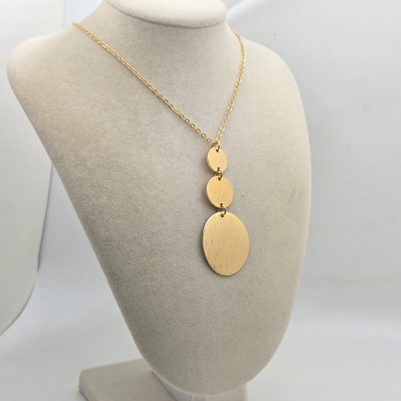 unknown Jewelry - 18K Gold Plated Brushed Disc Drop Necklace – Long 32” Chain